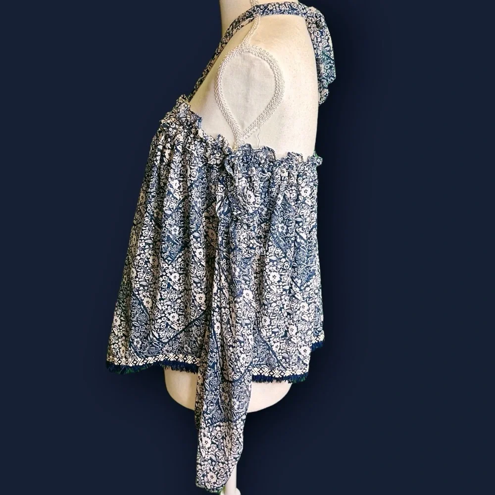 Misa Los Angeles Blue Floral Print ‘Livey’ Off The Shoulder Tie-Neck Top Size XS